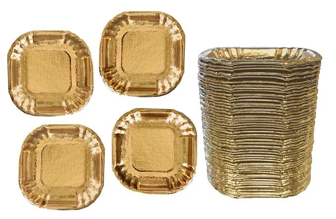 GOLD FOIL MINI DESSERT PAPER PLATES APPETIZER PLATE CHARCUTERIE PLATE VALENTINE WEDDING TABLEWARE HEAVYWEIGHT 4 X 4 INCHES 50 PACK