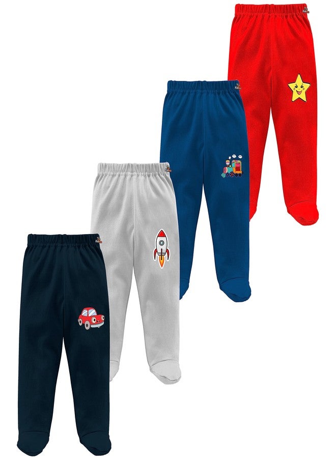 Kidbee Baby Boy's & Girl's Unisex Cotton Track High Rise Regular Fit Pant with Booties/Socks with Pant/Footed Pant (Set of 4) (12-18 Months, PL-BTP-Multi-4pc) - Image 1