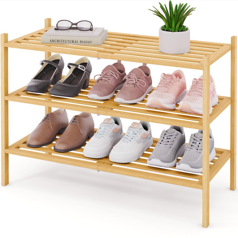 Smiry Bamboo Shoe Rack 3-Tier, Stackable Wooden Shoe Organizer for Entryway & Closet, Free Standing Wood Shoe Storage Shelf for Front Door & Small Spaces, Natural - Image 1