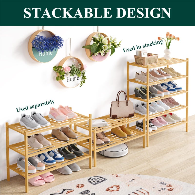 Smiry Bamboo Shoe Rack 3-Tier, Stackable Wooden Shoe Organizer for Entryway & Closet, Free Standing Wood Shoe Storage Shelf for Front Door & Small Spaces, Natural - Image 4