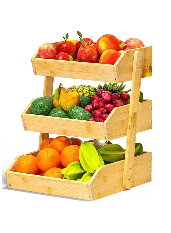 Bamboo Fruit Basket–3Tier Fruit Bowl For Kitchen Counter,Large Capacity Fruit Holder With 2Banana Hangers,Fruit and Vegetable Storage(excluding hooks) - Image 1