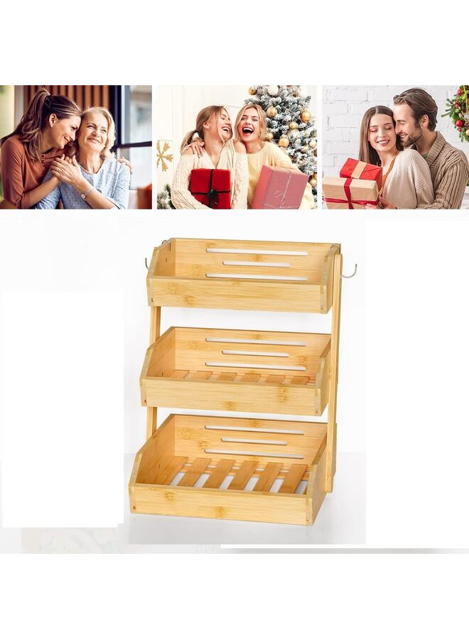 Bamboo Fruit Basket–3Tier Fruit Bowl For Kitchen Counter,Large Capacity Fruit Holder With 2Banana Hangers,Fruit and Vegetable Storage(excluding hooks) - Image 4