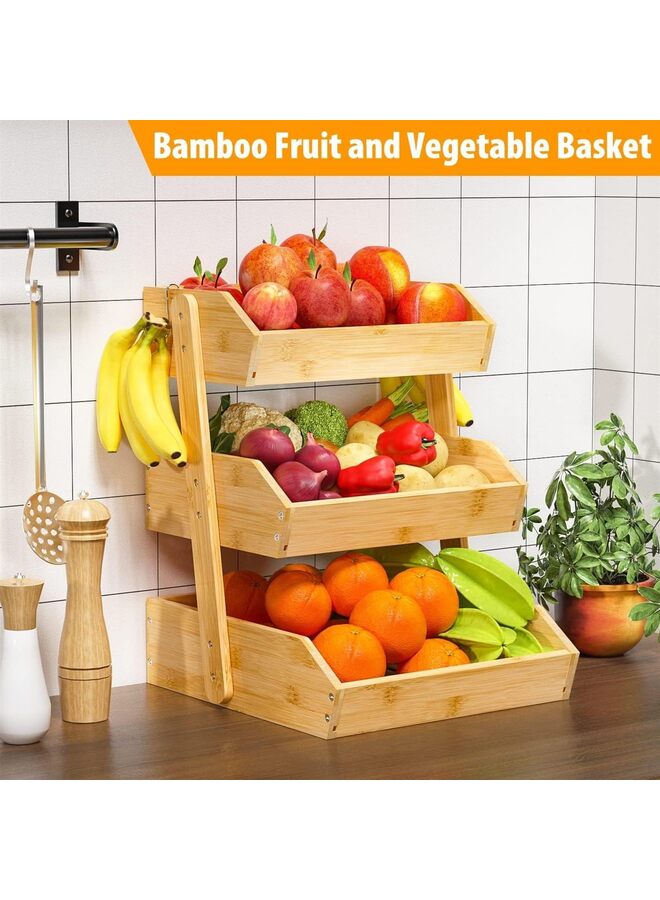 Bamboo Fruit Basket–3Tier Fruit Bowl For Kitchen Counter,Large Capacity Fruit Holder With 2Banana Hangers,Fruit and Vegetable Storage(excluding hooks) - Image 3