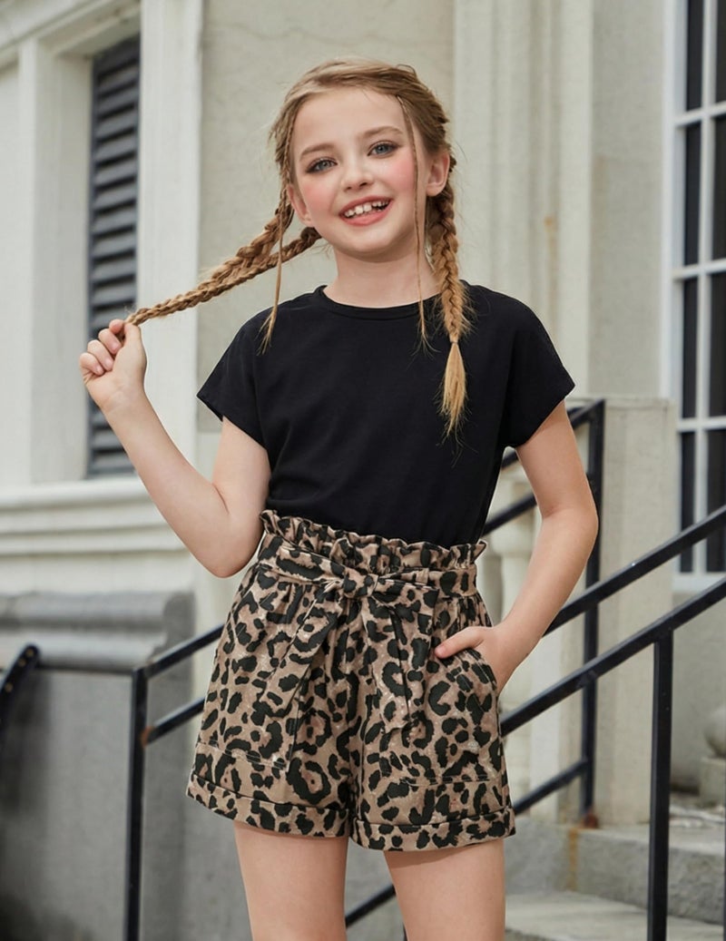 Arshiner Girls Clothing Set Cute Batwing Sleeve T Shirt Leopard Print Shorts Set 2 Piece Outfits Summer Casual Size 11-12 - Image 4