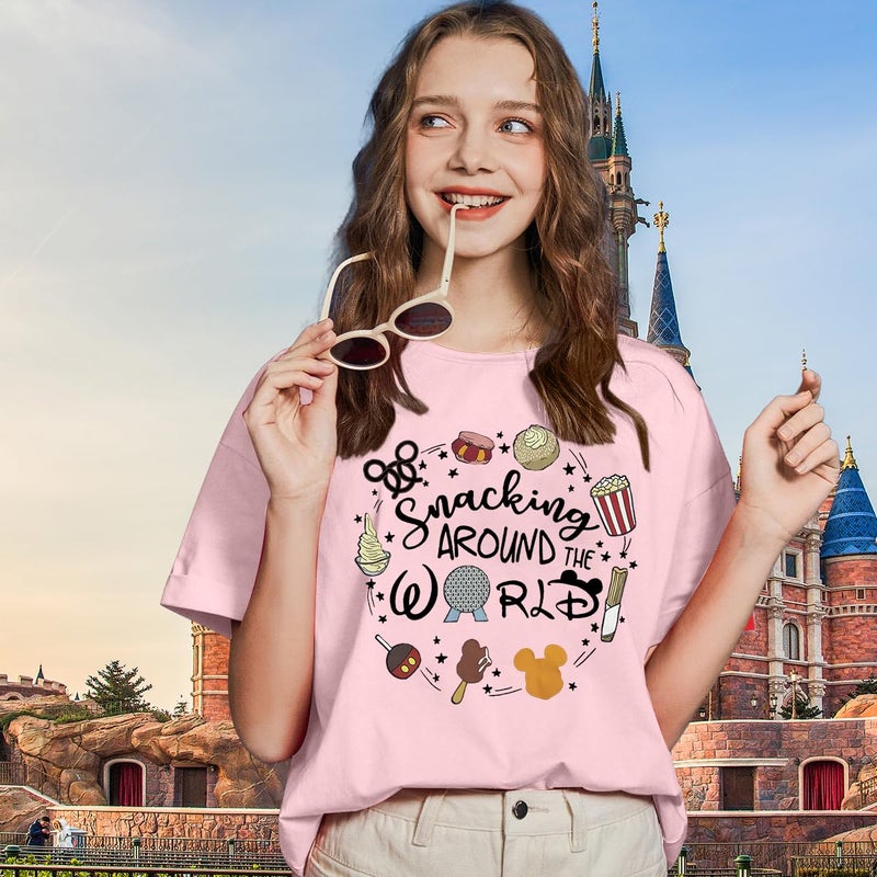 LUKYCILD Magical Shirt for Women: I'm Here for The Snacks Shirts Magic Kingdom T-Shirt Funny World Trips Short Sleeve Tee Top Light Pink - Image 3