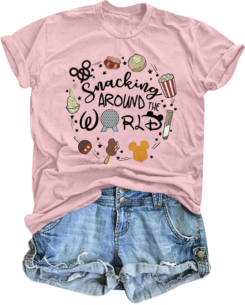 LUKYCILD Magical Shirt for Women: I'm Here for The Snacks Shirts Magic Kingdom T-Shirt Funny World Trips Short Sleeve Tee Top Light Pink - Image 1