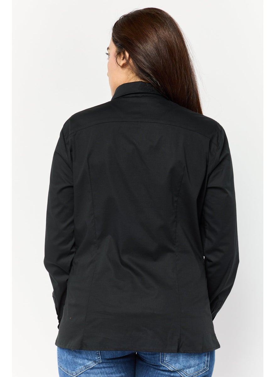 Harmont  Blaine Sport - Women Pointed Collar Brand Logo Shirt, Black - Image 1