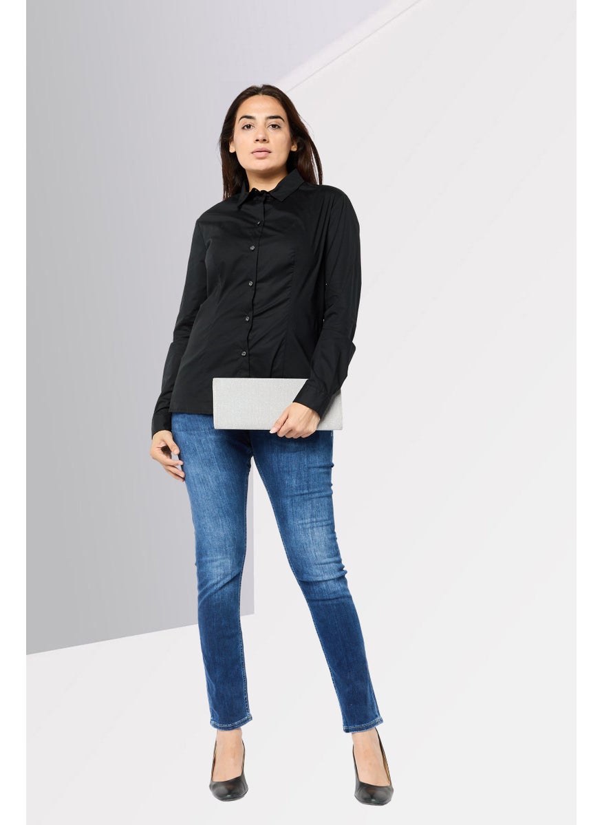 Harmont  Blaine Sport - Women Pointed Collar Brand Logo Shirt, Black - Image 1