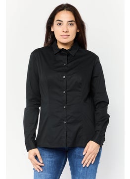 Women Pointed Collar Brand Logo Shirt, Black