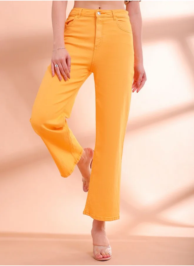 مرفوعة Women Wide Leg Solid High-Rise Jeans
