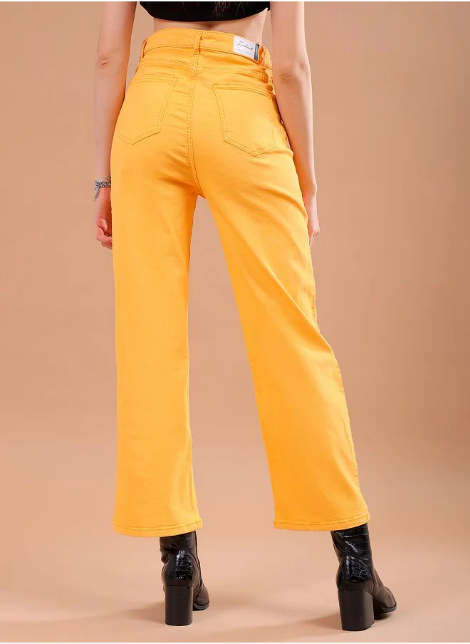 مرفوعة Women Wide Leg Solid High-Rise Jeans