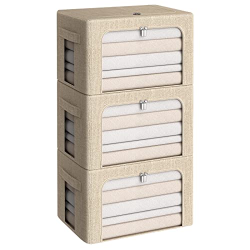 CYhom 3Pack Foldable Storage Bins - Frame Storage Box Linen Fabric Stackable Clothes Container Organizer with Clear Window & Carry Handles Large Capacity (Medium-36L, Beige) - Image 1