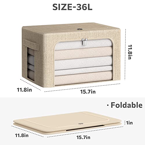 CYhom 3Pack Foldable Storage Bins - Frame Storage Box Linen Fabric Stackable Clothes Container Organizer with Clear Window & Carry Handles Large Capacity (Medium-36L, Beige) - Image 5