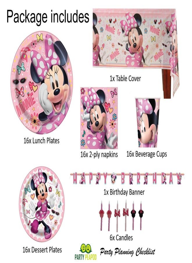 Minnie Mouse Birthday Party Supplies Pack: Big/Small Plates, Cups, Napkins, Table Cover, Banner, Candles - 16 Guests - Image 2