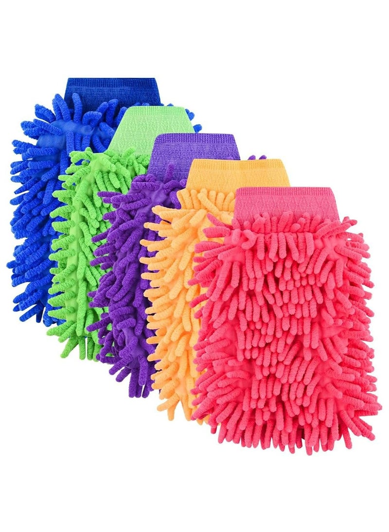 Oasisgalore 5pcs Chenille Microfiber Car Wash Mitts, Scratch-Free Double-Sided Cleaning Gloves (5 Colors)  - Image 1