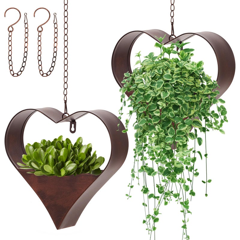 Romooa 2 Pack Metal Plant Hangers Indoor and Outdoor Rustic Heart Shape Hanging Planters Holder Detachable Flower Pot with Hooks Chains Drain Hole Gifts for Valentine Women Mom Garden Lover Home Decor - Image 1