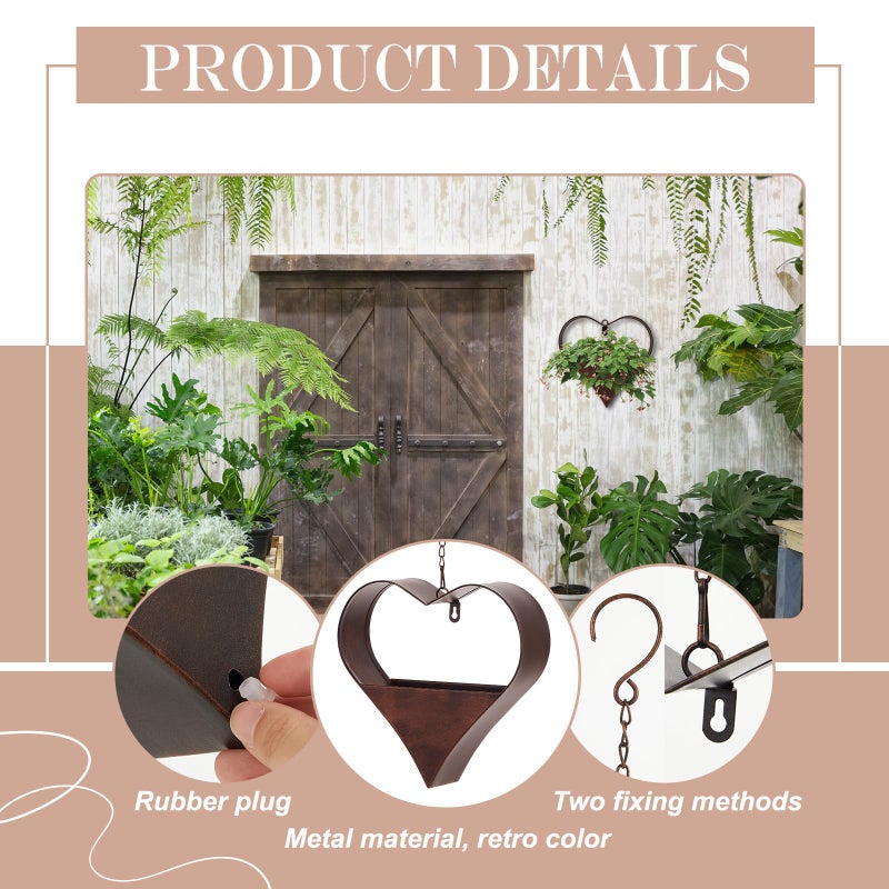 Romooa 2 Pack Metal Plant Hangers Indoor and Outdoor Rustic Heart Shape Hanging Planters Holder Detachable Flower Pot with Hooks Chains Drain Hole Gifts for Valentine Women Mom Garden Lover Home Decor - Image 3