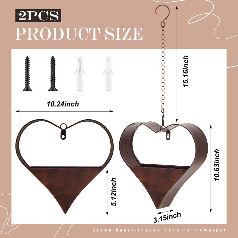 Romooa 2 Pack Metal Plant Hangers Indoor and Outdoor Rustic Heart Shape Hanging Planters Holder Detachable Flower Pot with Hooks Chains Drain Hole Gifts for Valentine Women Mom Garden Lover Home Decor - Image 2