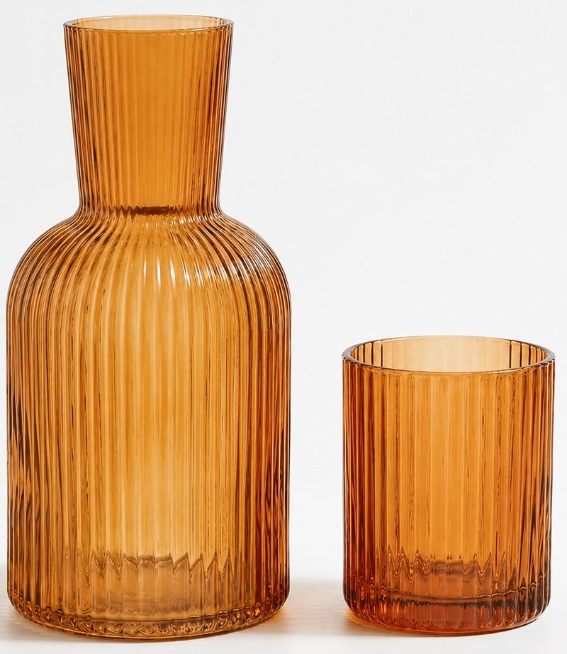 Circuit Green 750ml Carafe & 220ml Cup Set – Amber Ribbed Glass Bedside Water Pitcher – Borosilicate Carafe for Home & Décor - Image 1