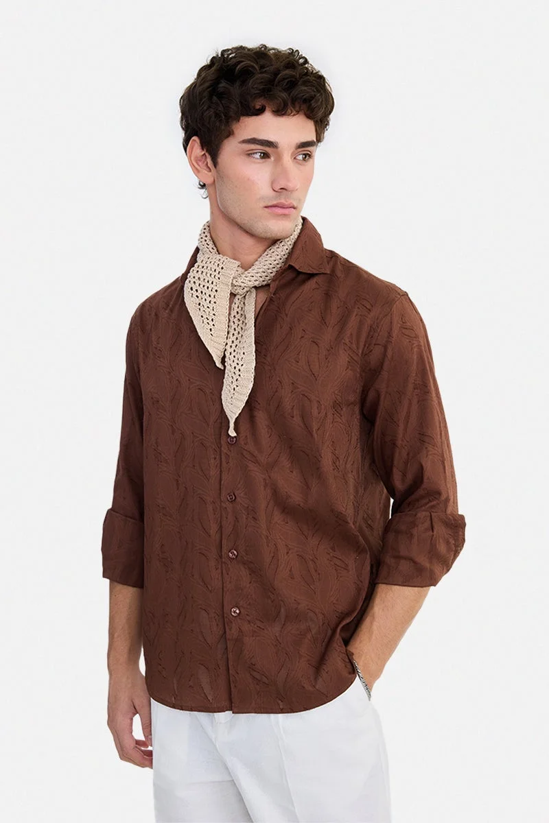 سنيتش Brown Textured Long Sleeve Regular Fit Party Shirt
