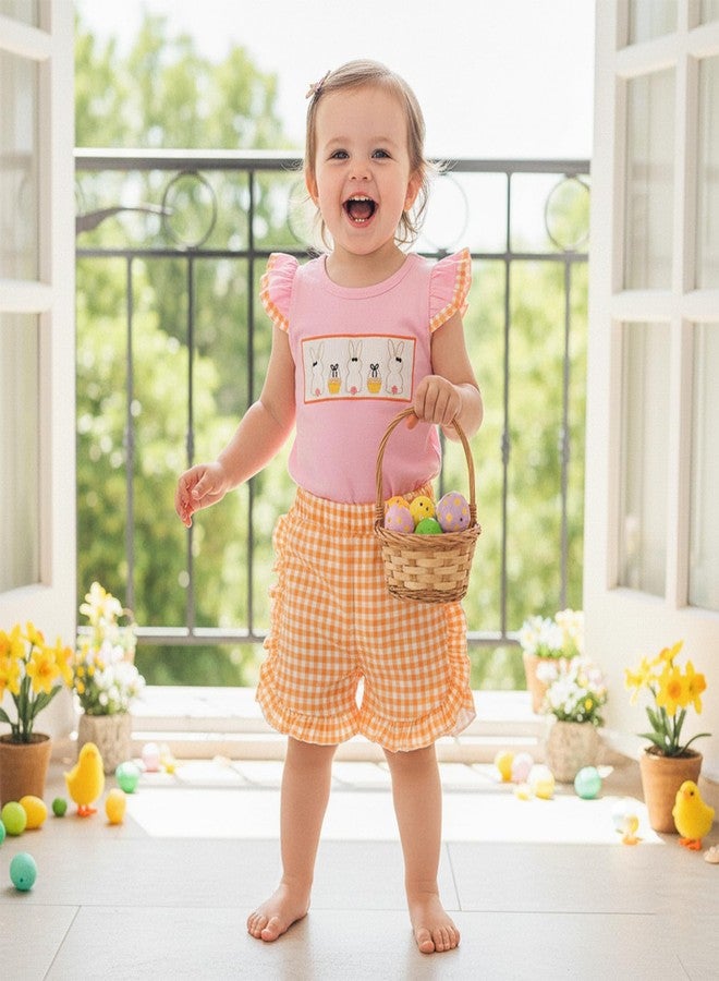 Karuedoo Kids Toddler Baby Girl Easter Outfit Bunny Embroidery Smocked Flutter Sleeve T Shirt Top Plaid Ruffle Shorts Set (A-Pink Orange, 3-4T) - Image 2