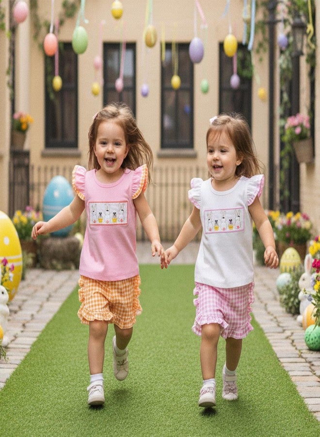Karuedoo Kids Toddler Baby Girl Easter Outfit Bunny Embroidery Smocked Flutter Sleeve T Shirt Top Plaid Ruffle Shorts Set (A-Pink Orange, 3-4T) - Image 5