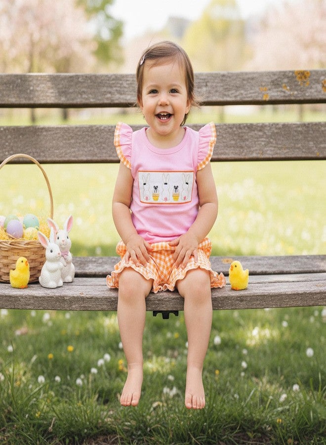 Karuedoo Kids Toddler Baby Girl Easter Outfit Bunny Embroidery Smocked Flutter Sleeve T Shirt Top Plaid Ruffle Shorts Set (A-Pink Orange, 3-4T) - Image 3