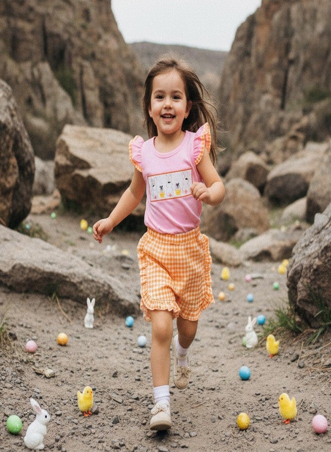 Karuedoo Kids Toddler Baby Girl Easter Outfit Bunny Embroidery Smocked Flutter Sleeve T Shirt Top Plaid Ruffle Shorts Set (A-Pink Orange, 3-4T) - Image 4