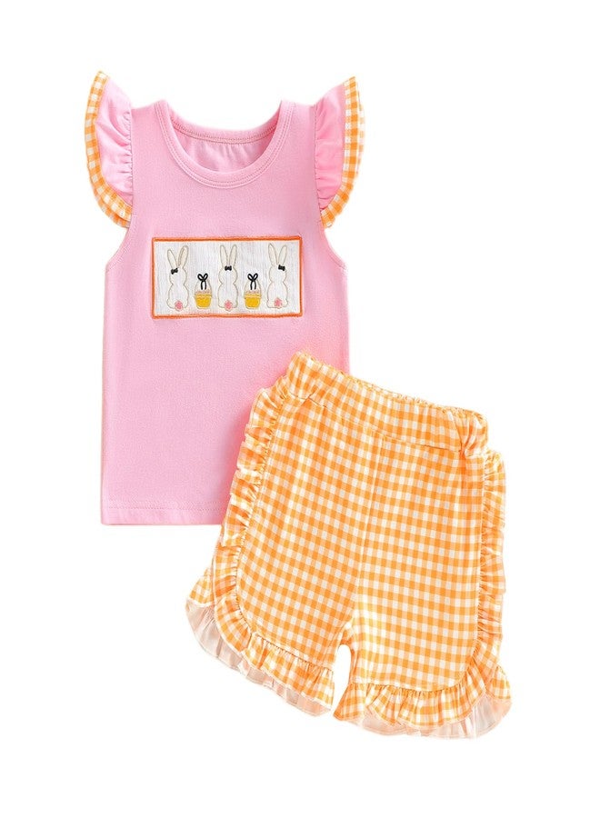 Karuedoo Kids Toddler Baby Girl Easter Outfit Bunny Embroidery Smocked Flutter Sleeve T Shirt Top Plaid Ruffle Shorts Set (A-Pink Orange, 3-4T) - Image 1