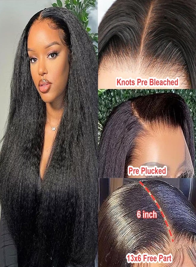 BLY Human Hair Lace Front Glueless Wigs for Women 13x6 Kinky Straight Pre Bleached Knots Yaki Human Hair Wig HD Transparent Lace Pre Plucked 180% Density Natural Black Color 18 Inch - Image 2