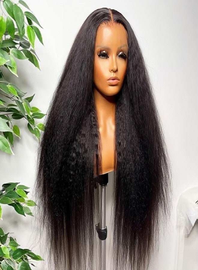 BLY Human Hair Lace Front Glueless Wigs for Women 13x6 Kinky Straight Pre Bleached Knots Yaki Human Hair Wig HD Transparent Lace Pre Plucked 180% Density Natural Black Color 18 Inch - Image 4