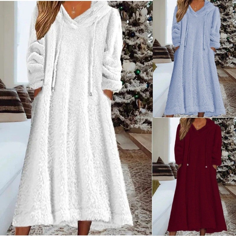 Loose Casual Fluff Hooded Long Sleeve Dress Home Clothes - Image 1