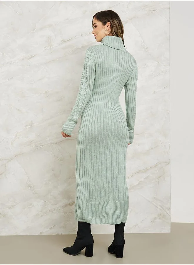 Styli Cable Knit Turtle Neck Sweater Midi Dress