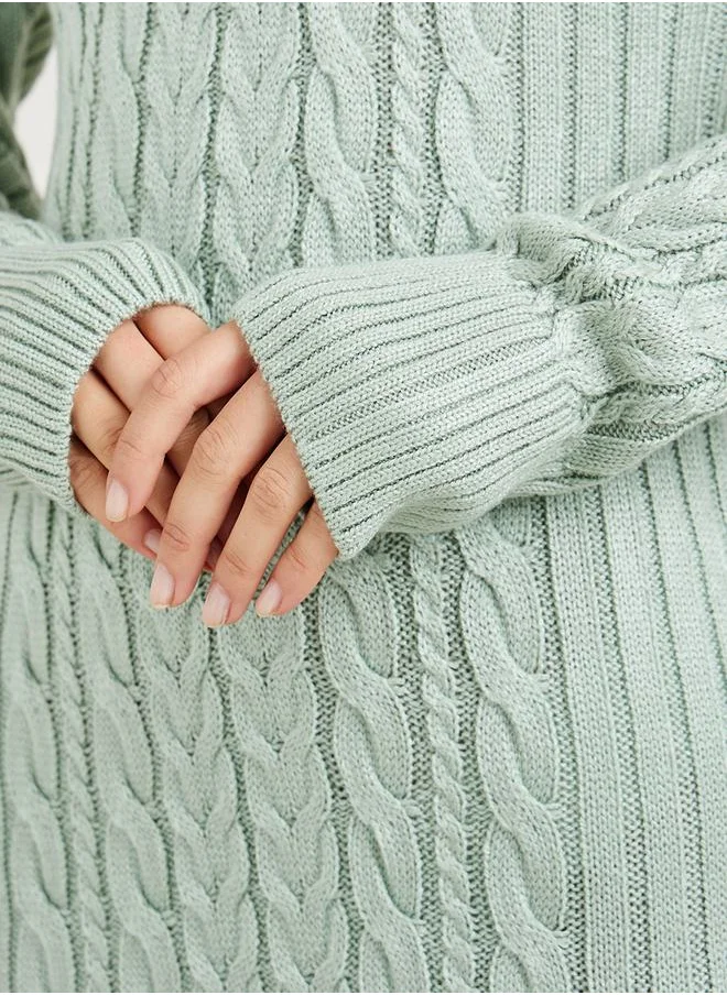 Styli Cable Knit Turtle Neck Sweater Midi Dress