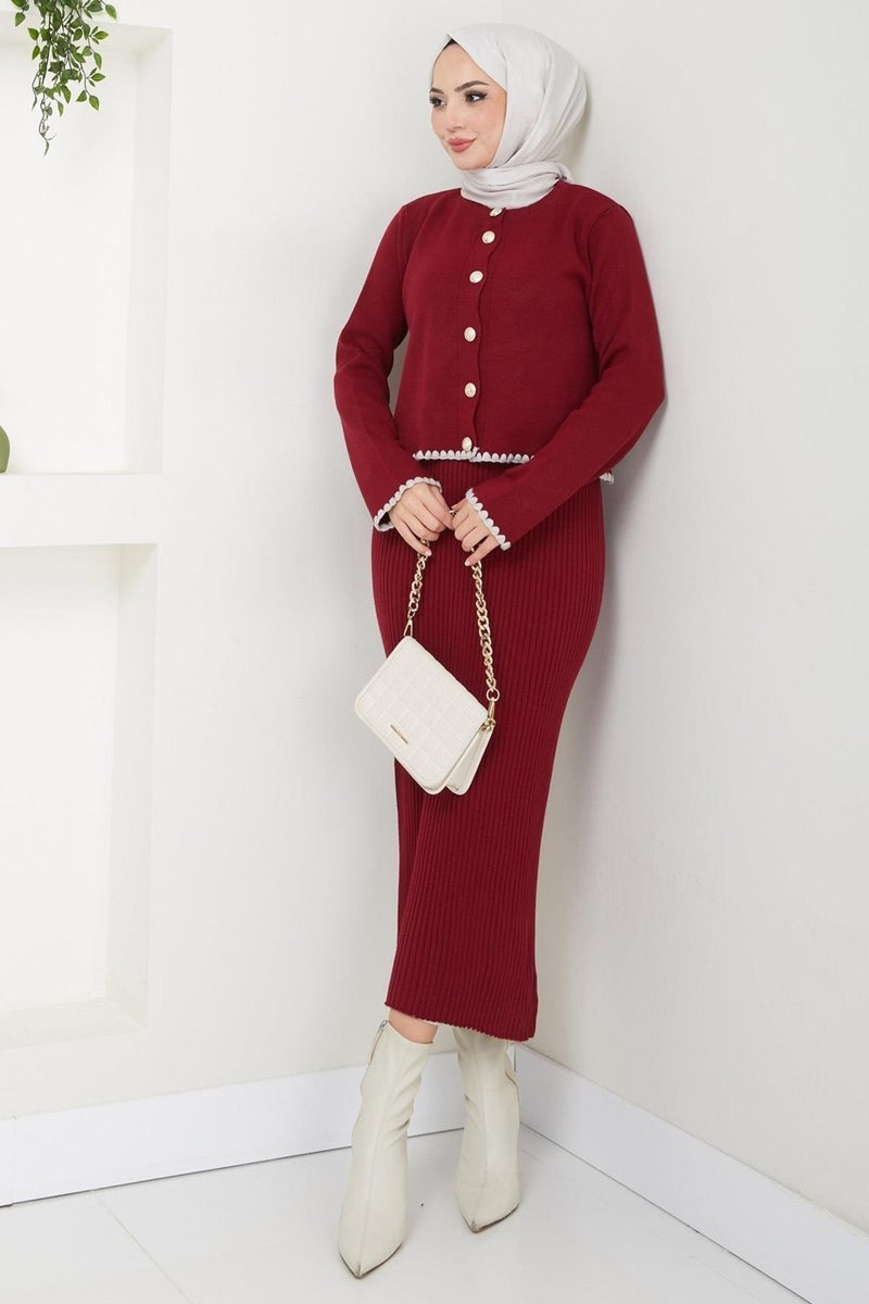 Hafsamina Shepherd Stitched Cardigan and Vest Knitwear Set Claret Red HM2613 - Image 2
