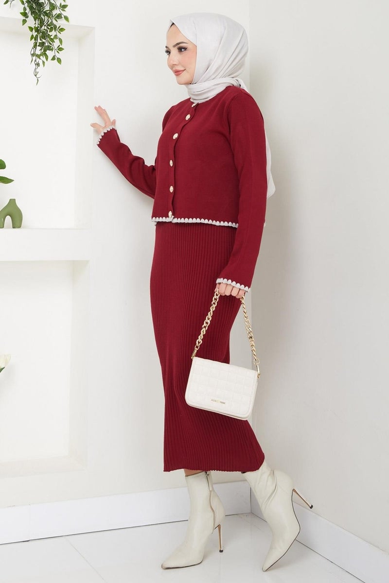 Hafsamina Shepherd Stitched Cardigan and Vest Knitwear Set Claret Red HM2613 - Image 5