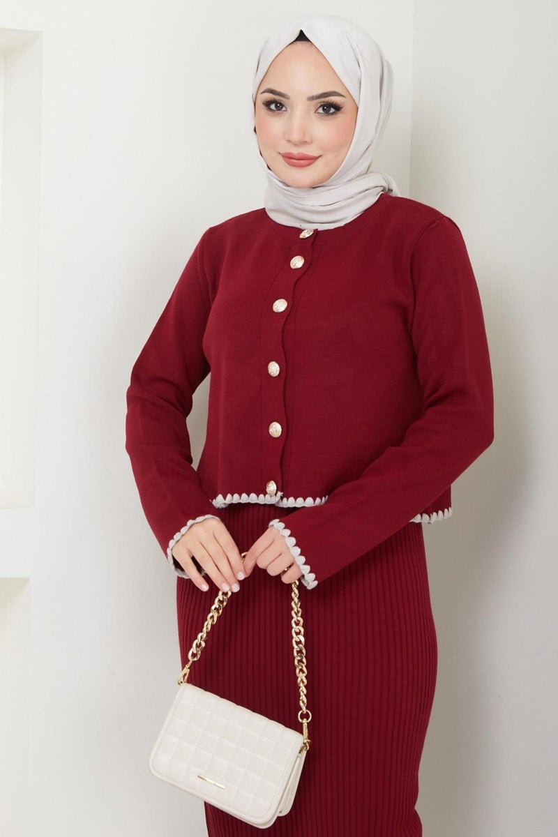 Hafsamina Shepherd Stitched Cardigan and Vest Knitwear Set Claret Red HM2613 - Image 1