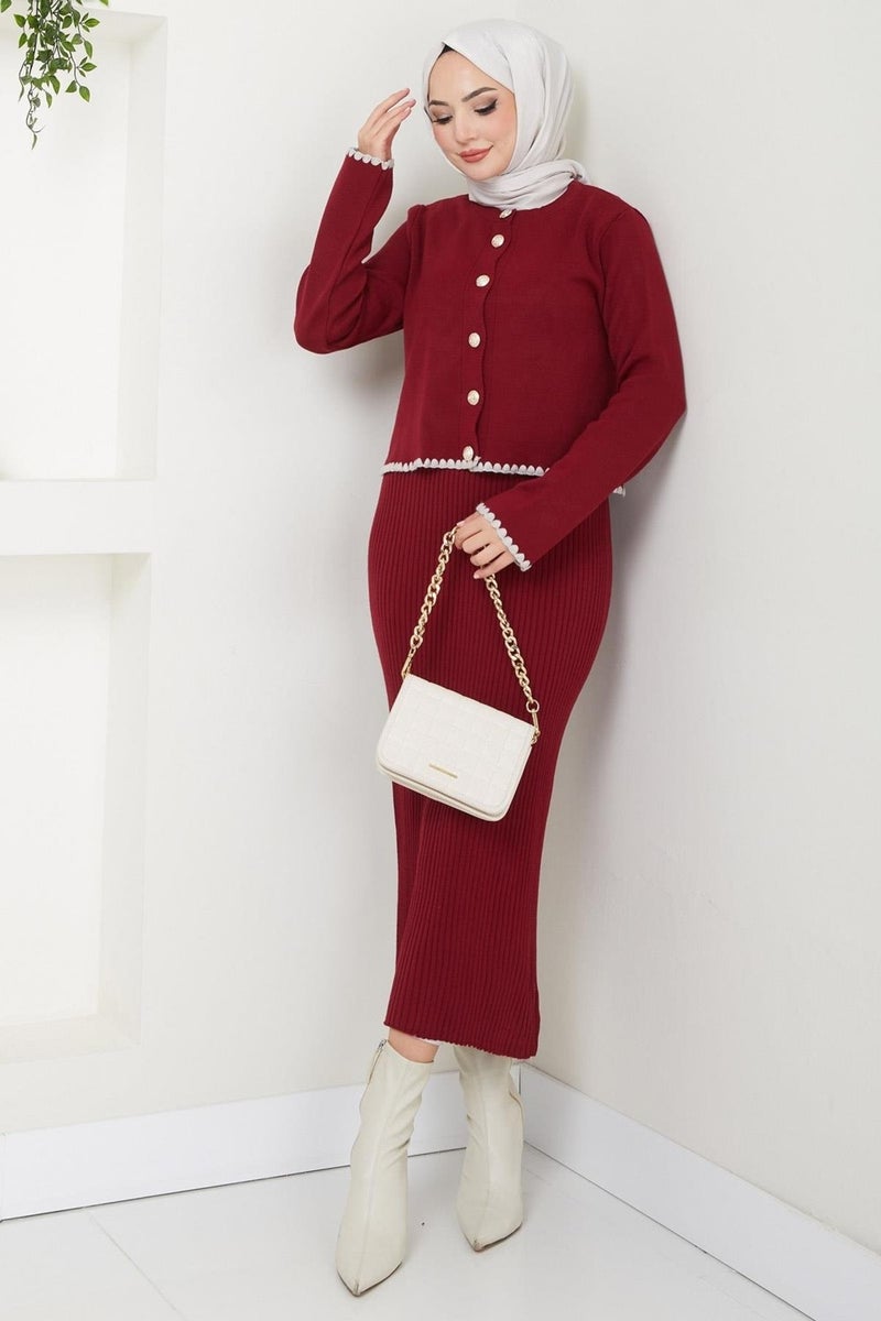 Hafsamina Shepherd Stitched Cardigan and Vest Knitwear Set Claret Red HM2613 - Image 4