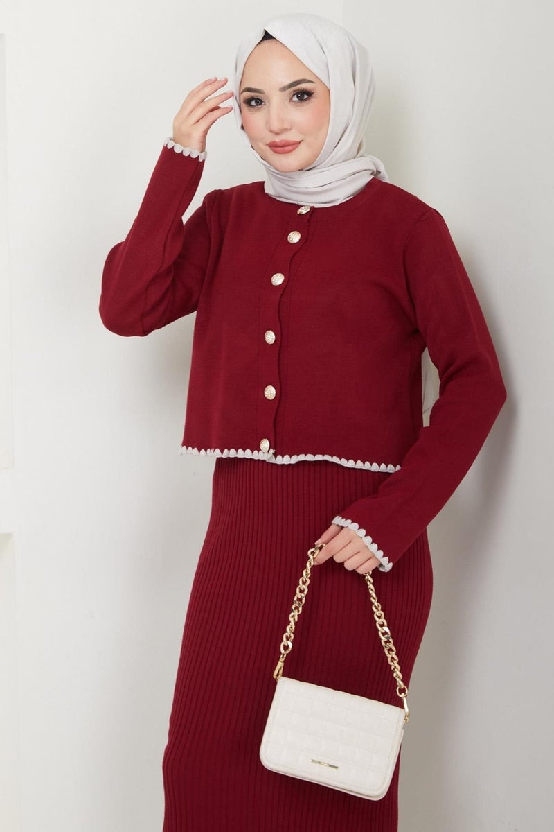 Hafsamina Shepherd Stitched Cardigan and Vest Knitwear Set Claret Red HM2613 - Image 3