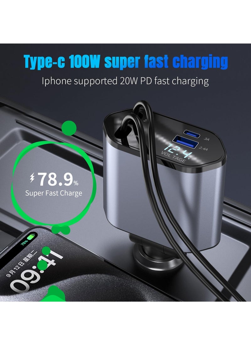 أفاق شاحن سيارة قابل للسحب 4 في 1، شحن سريع 100 واط، سلك بطول 2.6 قدم و 2 منافذ USB، لجهاز iPhone و Android  - Image 2