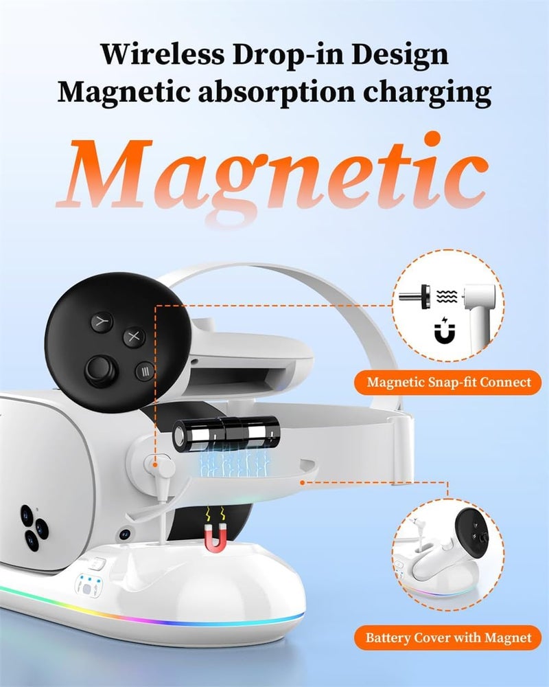 Charging Dock for Meta-Quest 3S/ for Quest 3/2, Magnetic Charging Station for Quest 3S/3/2 Accessories with 2 Rechargeable Batteries, RGB Light Charging Dock for VR Headset  Controllers - Image 3