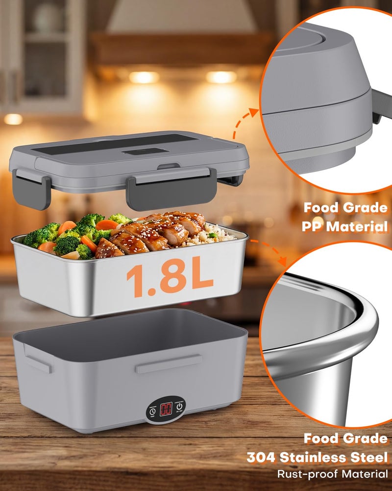 Sitlais Heated Lunch Box with Timer - 1.8L Electric Lunch Box for Adults 90W Fast Heating Portable Food Warmer for Men Auto-Shut Off Food Heater for Office Car Truck Travel - Image 5