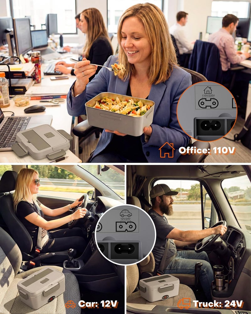 Sitlais Heated Lunch Box with Timer - 1.8L Electric Lunch Box for Adults 90W Fast Heating Portable Food Warmer for Men Auto-Shut Off Food Heater for Office Car Truck Travel - Image 4
