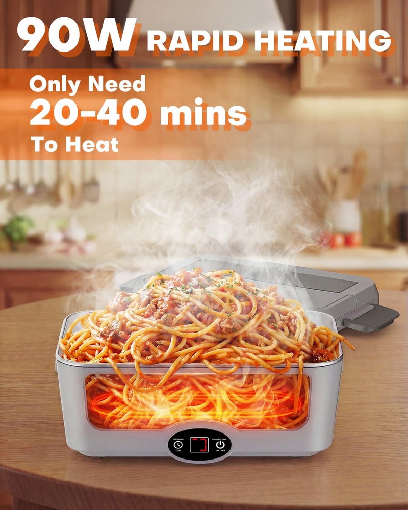 Sitlais Heated Lunch Box with Timer - 1.8L Electric Lunch Box for Adults 90W Fast Heating Portable Food Warmer for Men Auto-Shut Off Food Heater for Office Car Truck Travel - Image 2