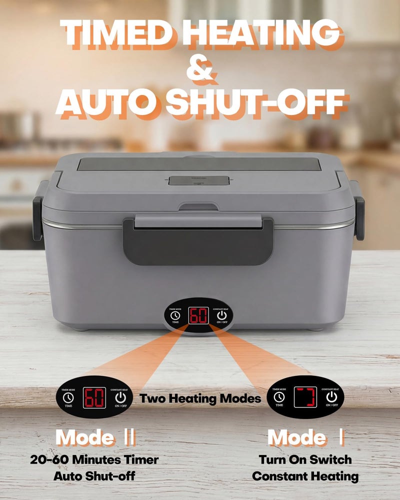 Sitlais Heated Lunch Box with Timer - 1.8L Electric Lunch Box for Adults 90W Fast Heating Portable Food Warmer for Men Auto-Shut Off Food Heater for Office Car Truck Travel - Image 3