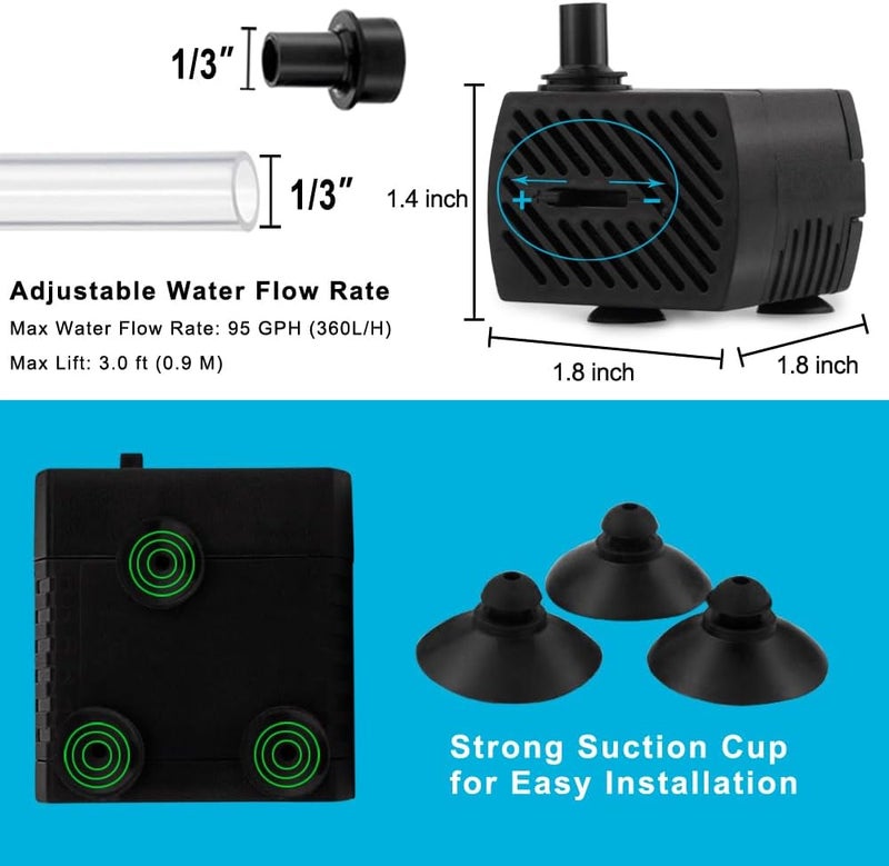 PULACO 95GPH 5W Mini Submersible Water Pump with 3.3 ft Tubing for Aquarium Fish Tank, Pond, Fountain, Hydroponics - Image 5