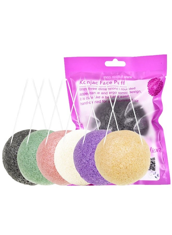 findTop 6 Pack Natural Konjac Facial Sponges, findTop 6 Colors Konjac Exfoliating Facial Sponge Set for Gentle Face Cleansing and Exfoliation- Charcoal, Turmeric, French Green, White Pink & Purple - Image 1