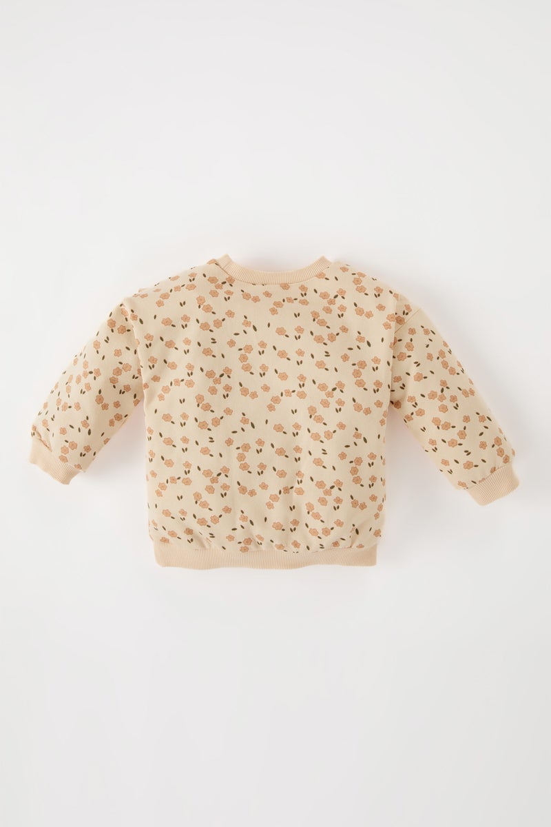 DeFacto Baby Girl Crew Neck Floral Patterned Soft Furry Sweatshirt - Image 3