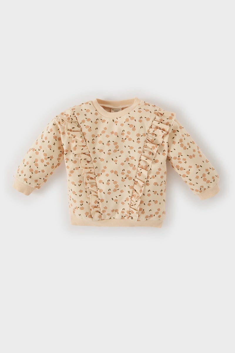 DeFacto Baby Girl Crew Neck Floral Patterned Soft Furry Sweatshirt - Image 1