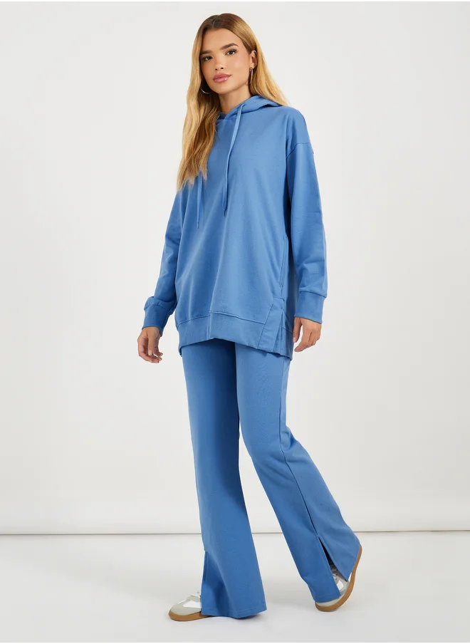 Styli Solid Drawstring Waist Flared Joggers with Side Slit